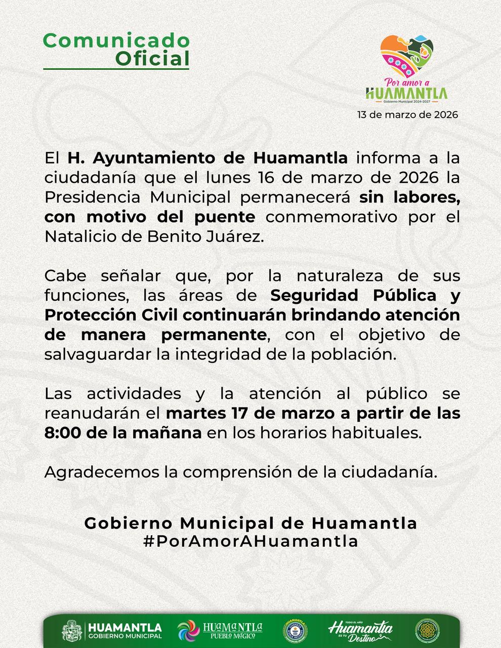 El lunes 16 de marzo Seguridad Pública y Protección Civil de Huamantla brindarán servicios con normalidad, pese a suspensión de labores